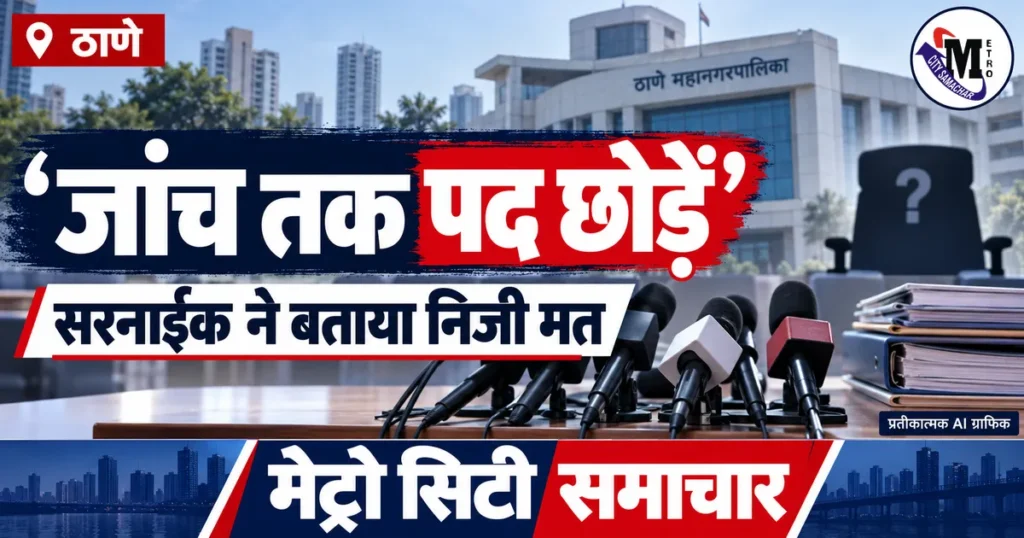 पूर्णेकर मामले में प्रताप सरनाईक के निजी मत की खबर: प्रेस माइक्रोफोन का प्रतीकात्मक AI ग्राफिक