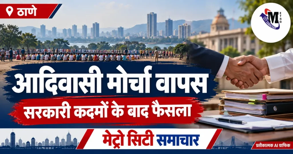 ठाणे में आदिवासी मोर्चा वापस लेने की खबर के लिए जनसमूह और सरकारी दस्तावेजों का प्रतीकात्मक AI ग्राफिक