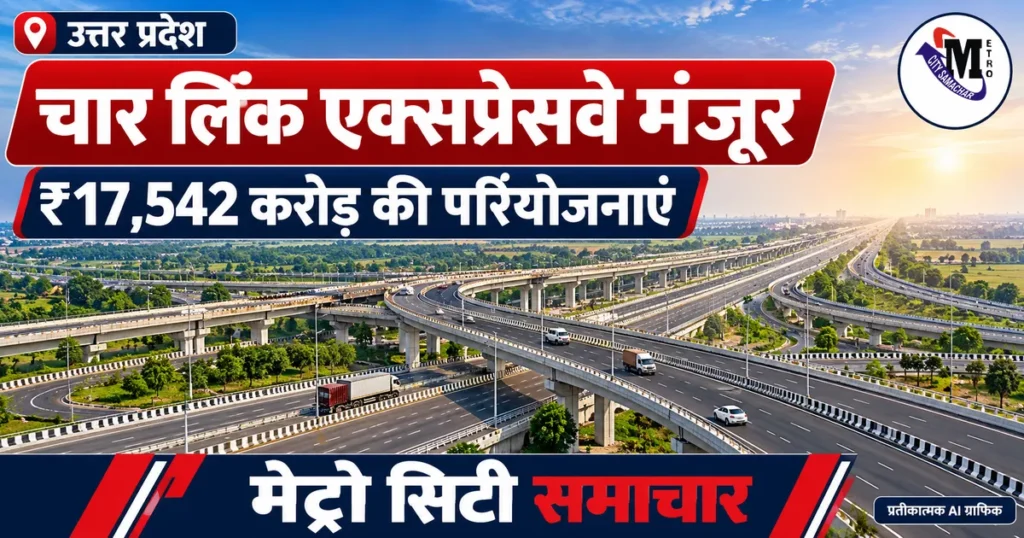 यूपी में चार लिंक एक्सप्रेसवे परियोजनाओं को मंजूरी की खबर: सड़क जंक्शन का प्रतीकात्मक AI ग्राफिक