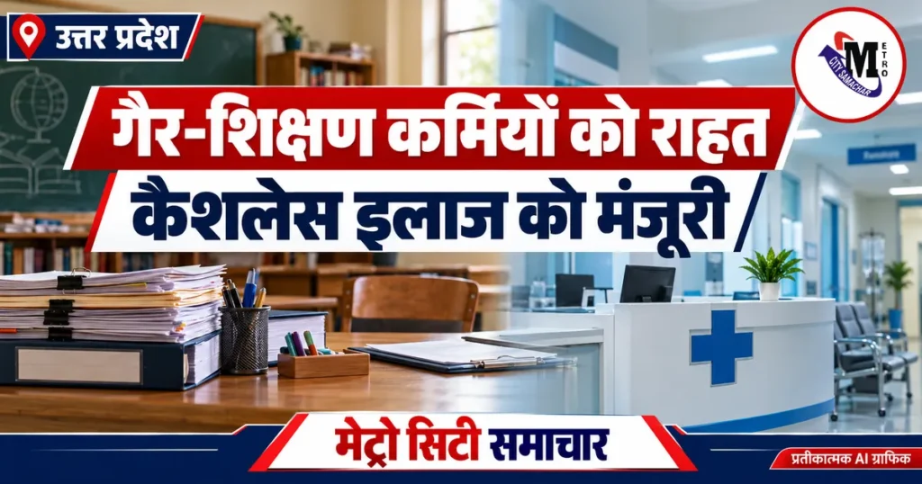 यूपी गैर-शिक्षण कर्मचारियों के कैशलेस इलाज को मंजूरी की खबर: स्कूल कार्यालय और अस्पताल का प्रतीकात्मक AI ग्राफिक