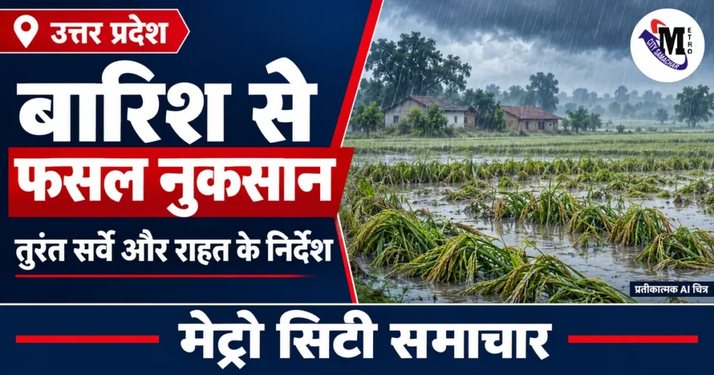 यूपी में बारिश से फसल और मकानों के नुकसान का तुरंत सर्वे, योगी ने राहत और मुआवजे के निर्देश दिए — प्रतीकात्मक AI चित्र