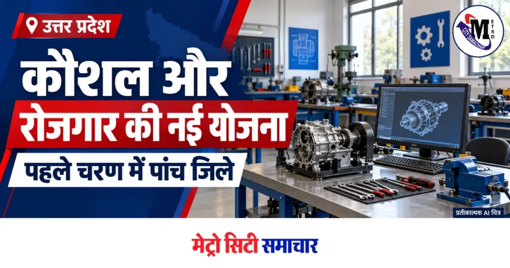 यूपी में सरदार पटेल कौशल और रोजगार योजना शुरू, पहले पांच जिलों से सभी 75 जिलों तक विस्तार का लक्ष्य — प्रतीकात्मक AI चित्र, मूल MCS लोगो सहित