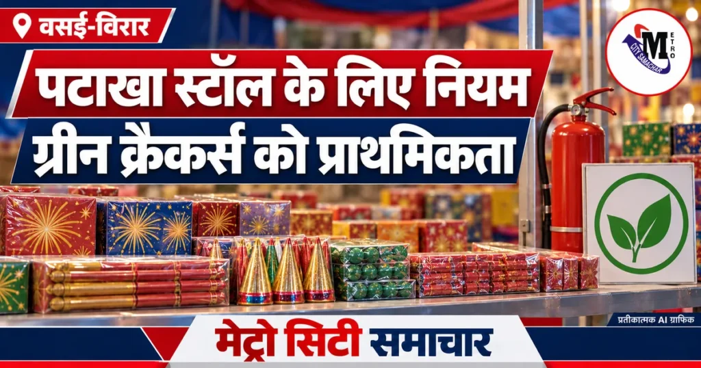 वसई-विरार में दिवाली पटाखा स्टॉल नियम की खबर: बिक्री काउंटर और अग्निशमन यंत्र का प्रतीकात्मक AI ग्राफिक
