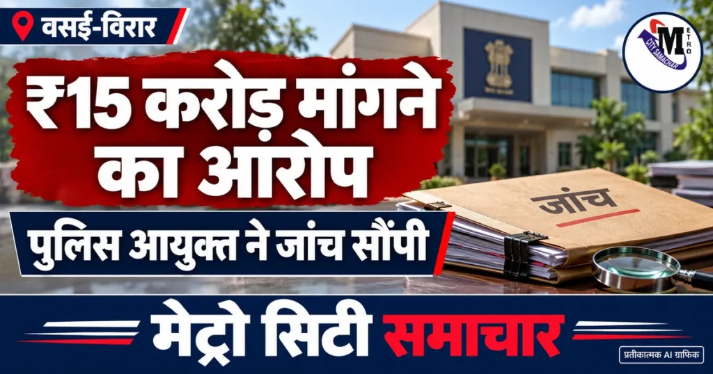 विरार में डॉ. नितिन थोरवे के आरोपों पर पुलिस जांच की खबर: दस्तावेजों का प्रतीकात्मक AI ग्राफिक